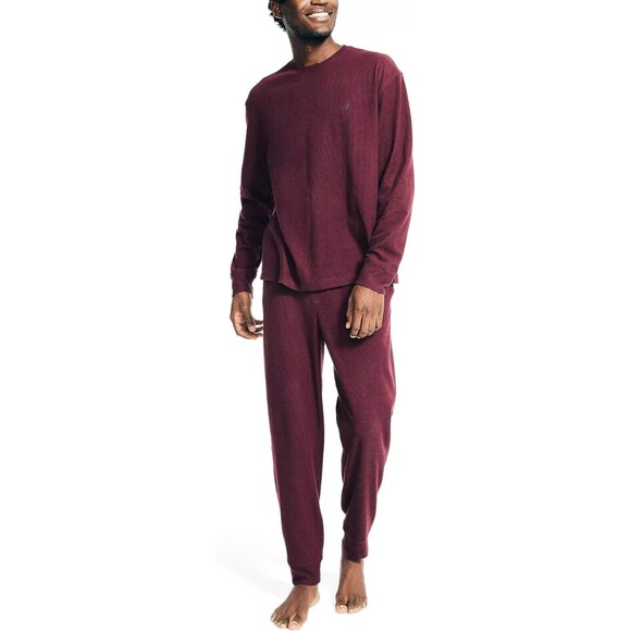 NAUTICA Sleepwear Mens Small Burgundy Waffle Knit Thermal Pajama PJ Set - Picture 1 of 6